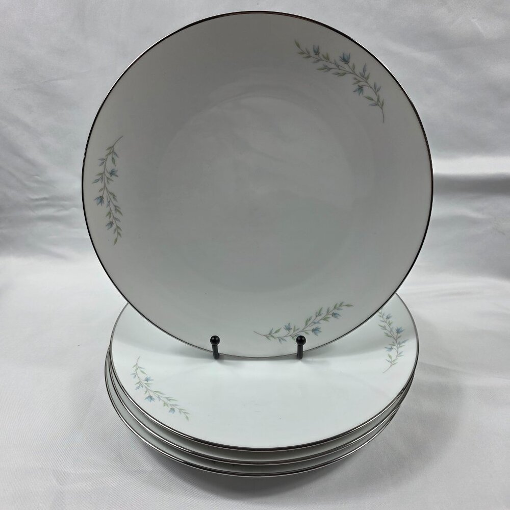 FOUR Noritake Tilford Dinner Plates White with Blue Flowers & Green Leaves